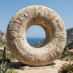 a gigantic paleolothic torus made of stone with highly detailed carvings of intricate shamanic robotic electronics and circuitry, in a mediterranean lanscape, inside a valley overlooking the sea, in the style of michal karcz