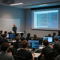 concept art of gabe newell lecturing to a class of game programmers