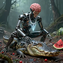 by artgerm and agostino arrivabene, visually stunning, cinematic, ultra realistic, hyper realism, 1 2 k, epic, octane render, unreal engine, vfx, maya, robot with no brains, ghostly bride necklace, cyborg insectoid creature, alligator skin, zombie apocalypse, rogue robot, call the prime land from the yeast, virus - laden watermelon