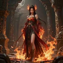 traditional brushes strokes, costume design from luxury house designers, sophisticated composition, old masters light composition, procedurally generated, fire mage girl character posing for concept art, ancient ruins behind her, substance designer, PBR, HD, Ultra detailed, hyperrealistic, megascans, volumetric light, concept by master artist, made in paint tool SAI2, trending pixiv face