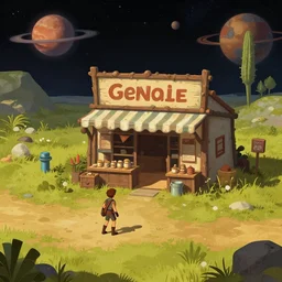 in front of a general store, in a remote outpost, on an alien planet, from a space themed point and click 2 d graphic adventure game, set design inspired slightly by tomb raider, art inspired by william alexander and bob ross