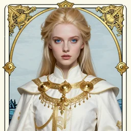 portrait of a alluringyoung priestess in ornamental white robes, gold accessories, face details, blond hair, ponytail, white skin, blue eyes, sharp focus, award - winning, masterpiece, highly detailed, intricate, by rebecca guay, rossdraws, tarot card border