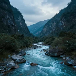 breathtaking cinematic landscape of mountains standing in a clean river, neon color palette, 4 k, wallpaper 4 k, detailed photo, natural lighting, cinematic lighting, global illumination
