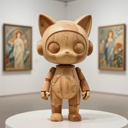 8 k octan advertising highly detailed photo, a totally wooden sculpture collectible art toys on feet, cute cyborg zen with cat ears, cyberpunk, a contemporary art gallery sharp focus, masterpiece nofinito alphonse mucha
