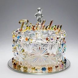 a hd high quality photo of a cast glass birthday cake made of cast glass, 8k, photography, studio lighting
