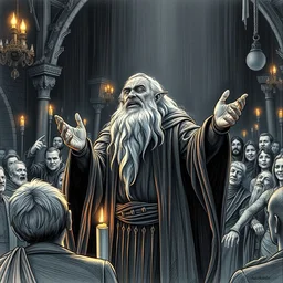 gandalf from lord of the rings singing for a great audience in a super party night, establishing shot, extremely high detail, foto realistic, cinematic lighting, pen and ink, intricate line drawings, post processed, concept art, artstation, matte painting, style by raphael lacoste, eddie mendoza