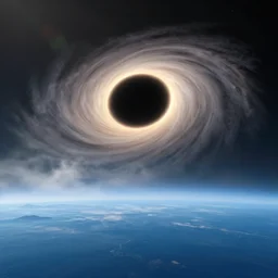 A black hole with a glowing accretion disk, viewed from the surface of a blue ocean planet, sparse mountains on the horizon, clouds, light fog, dramatic lighting, stunning