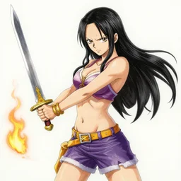 rapier - wielding orc girl drawn by eiichiro oda | burning rapier | full color | dim purple orcish skin | swashbuckler outfit | anime