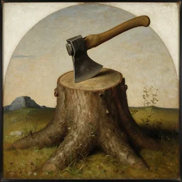 a 1 5 th century medieval oil painting of a tree stump with an axe