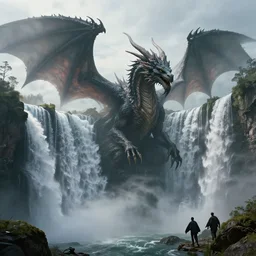 a concept art of cthulhu dragon emerging from waterfalls, beautiful landscape, lovecraftian, by greg rutkowski and craig mullins and wadim kashin and jeremy mann, highly detailed, mid day, dramatic lighting, octane lighting, concept art, octane render, c 4 d, artstation, hd, clear, sharp, ominous, misty, unsettling, 8 k