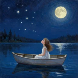 a whimsical painting of a whimsical girl sitting in a boat in a lake with stars falling from the sky in the moonlight painted by jeremiah ketner