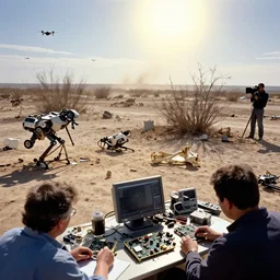 a first person view of scientists looking at computer pieces, scrap yards of boston dynamics robots, abandoned high - tech contraptions, drones, animal bones and dried up bushes, dust bowl, heatwave, blinding sun, dust storm and drones in the horizon, reporter, live footage, canon 3 5 mm lens, ektachrome color photo