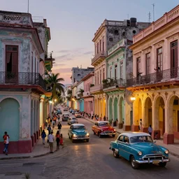 a highly detailed matte painting of a busy streets of havana, cuba at dusk, with colorful buildings, antique cars, palm trees, by bernardo bellotto and ross tran and simon stalenhag, featured on artstation