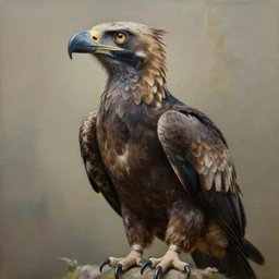 a hyper-detailed oil portrait of a large raptor bird; an extraordinary masterpiece!!!; flawless; proud posture; photorealistic eyes; trending on artstation; f/1.4; 90mm