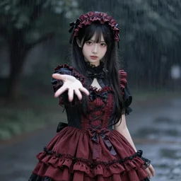 cute girl in gothic dress stretched out her hand forward, it's raining in the dark,