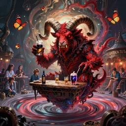 a terrifying red dwarf with ram horns serving grog at a fantastical pub in hell, floating cloth whirlpool, butterfly hard lighting ethereal horror fantasy art by and hajime sorayama, yukito kishiro, raymond swanland and monet, ruan jia, by wlop