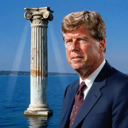 a portrait of john f kennedy in the style of thomas cole, with a single eroded corinthian column in the foreground, partially submerged in a deep blue lake, god rays, raytracing, 8k, octane render, volumetric, vivid, beautiful, hyperrealism”
