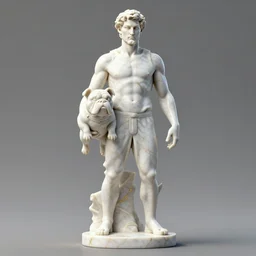 a statue made of white marble with gold veins, of klay thompson holding a bulldog, full body shot, perfect symmetrical body, perfect symmetrical face, hyper realistic, hyper detailed, by johannen voss, by peter kemp, by monia merlo, by michelangelo, octane render, blender, 8 k
