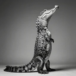 rare classified photo, black & white, studio lighting, a tall crocodile, horns, real fur, real skin