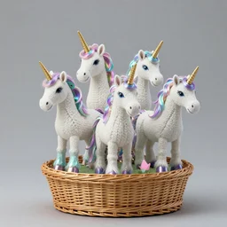 a timemachine made of several unicorns woven together like a basket. the unicorn's fur is iridescent like a peacocks. from the universe of rainbow brite