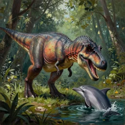 a painting of a tryrannosaurus rex, in a forest, eating a dolphin