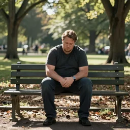 fat brendan fraser sitting on a park bench alone, looking sad.