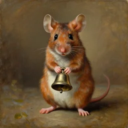 an old oil painting of a mouse standing on two feet with a round bell in its hands, professional painting, extremely detailed