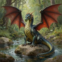 A single dragon sitting on a rock within a woodland creek, highly detailed, trending on pixiv, realistic oil paint artwork made in 2020.