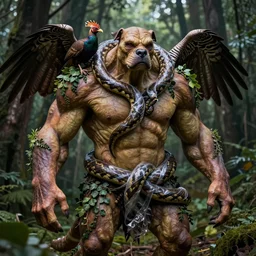 a high resolution realistic displacement portrait of an ork in a dark forest, muscles normal map creature made of doglike class aves skin veins merged anaconda, bump map strangled by plastic wrap bower bird creature wrinkles pheasant, ivy complex feathers exotic morphing hoopoe, zebra morphing wings king vulture head