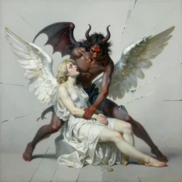the best lack all conviction while the worst are full passionate intensity, painting, minimalist, elegant, hyperrealistic, seen through broken glass, a demon attacking a bleeding angel