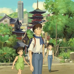 japanese big city, summer, in the style of studio ghibli, j. c. leyendecker, greg rutkowski, artem