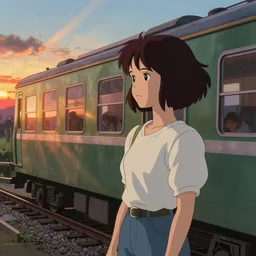 lone girl waiting for the train, 70s, dreamy, stanley kubrick the shinning, vibrant colors americana, cinematic, volumetric lighting, god rays, sunset, realistic, detailed, digital art, studio ghibli anime