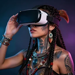 attractive tribal woman with face tattoos and jewelry with vr glasses, cyberpunk style