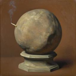 impressionist painting of a round boulder on a pedestal smoking a cigarette, brown background