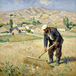 kurdish!! farmer scything in a kurdish!! village, painting by camille pissarro, award winning art, incredibly detailed, highly intricate