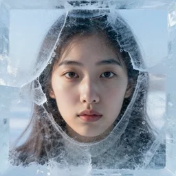 see through clear sheet of ice sheet of ice in front of face face face behind ice face behind ice direct gaze