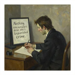 Nothing quite encourages as does one's first unpunished crime. by arnold bocklin and herbert james draper. oil on wood. trending on artstation