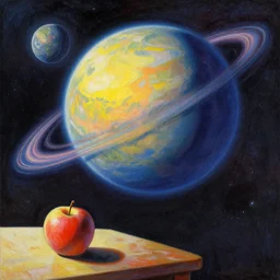 a planet in space, a painting of a stunning landscape, greg rutkowski, ilya kuvshinov, intricate, striking lighting, john singer sargent, trending on artstation, anime, an apple on a table