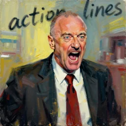 saul goodman, screaming, painting by david lynch,'action lines '!!!, graphic style, visible brushstrokes, motion blur, blurry