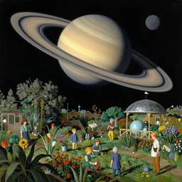 a garden in orbit around saturn, 8 k, lowbrow, in the style of martin johnson heade, roger dean and john bauer,