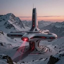 futuristic space station in the snowy mountains 3 d concept art, red laser, cinematic lighting, intricate details, building by zaha hadid, pastel sunset, emissary space by arthur haas and bruce pennington and john schoenherr, cinematic matte painting, dark moody monochrome colors, trending on artstation, featured on behance