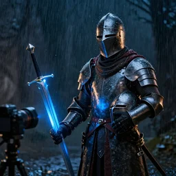 ultra realistic character as a medieval knight that holds a helmet in his hand, staying in the rain with sword that almost glows with blue light shot from professional camera, rim light, rainy weather, vivid lights night time, dark mood