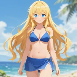 a very beautiful young anime girl, full body, long wavy blond hair, sky blue eyes, full round face, bikini, miniskirt, front view, mid - shot, highly detailed, cinematic wallpaper