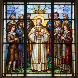 a stained glass window depicting many people made of tubes, the pope is the centre