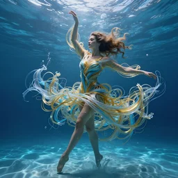 a woman with a body made of millions of thin ribbons and threads of translucent gold and blue that are twisting, swirling, unraveling, and pulling apart in the swift current is dancing in an underwater landscape, caustics lighting blue water from above, highly detailed, fantasy character, octane render