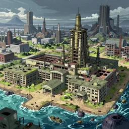 a beautiful detailed anime illustration of city industrial architecture abandoned unfinished building building architecture military hospital by kengo kuma, azeroth wilderness sci - fi evil sea hyperrealism, archdaily, wallpaper, highly detailed, trending on artstation.