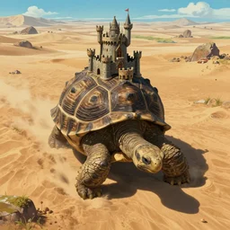 gargantuan tortoise with a large fantasy castle armor walking through a sandy wasteland, distant shot centered birds eye view, fantasy, hyper detailed, 4 k, howls moving castle, mortal engines