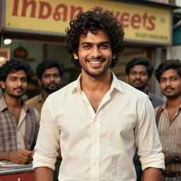 an indian 3 5 lean mascular funny man 6 feet 3 height, curled hair with sarcastic smile standing standing beside an indian sweet shop with his 3 buddies, in the year 1 9 6 0's calcutta, leader like attitude, photorealistic, highyly determined face, trending on artstation, octane, v. ray, intricate detail, eagled nose, portrait mode, studio lighting, cinematic lighting, low angle