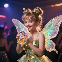 tiny fairy drinking pbr at a dance club, big smile, portrait