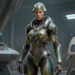 epic professional digital art of female starship mechanic, without neck, stoic, covered in reptilian scales, by leesha hannigan, iris van herpen, artstation, cgsociety, wlop, epic, much wow, much detail, gorgeous, detailed, masterpiece